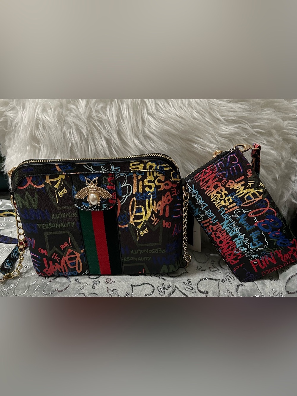 NWT Classic Fashions, Small, Black Multicolor Gold Bee Graffiti Crossbody/Wallet